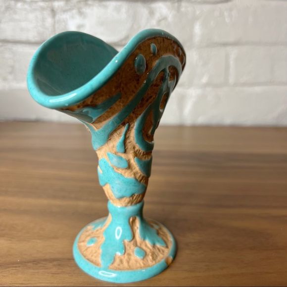 VTG Sgraffito Italian Peasant Village Art Pottery Small Flower Vase Turquoise - Picture 4 of 10